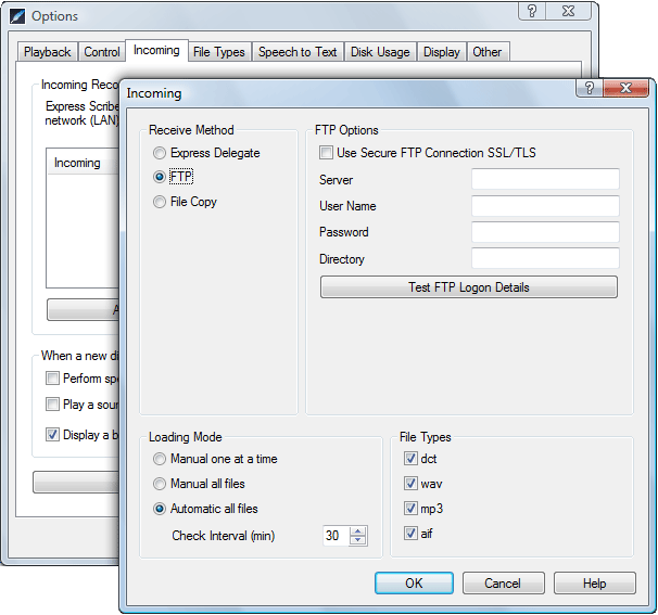 Incoming files option window